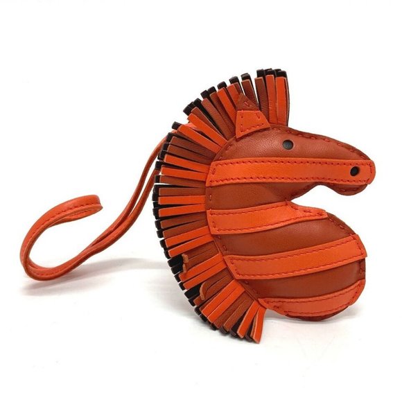 HERMES zebra Gee Gee Savannah strap Bag Charm Lambskin Leather Orange - Picture 1 of 16